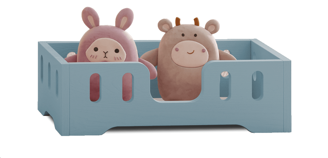Holzpuppenbett mit länglichen Aussparungen in den Schutzgittern aus Kiefernsperrholz in Blau